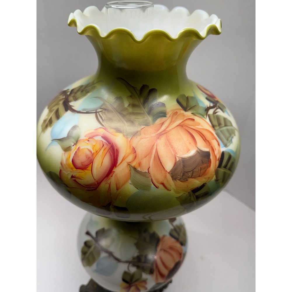 Vintage Gone with the Wind Hurricane Lamp Hand Painted Floral Green Orange Rose - Picture 4 of 8